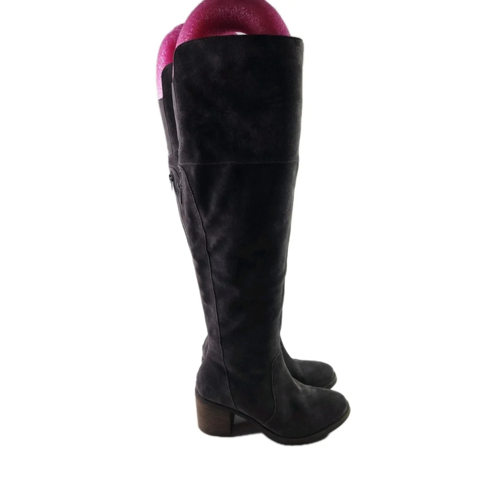 Lucky Brand Rayla Gray Suede Leather Block Heel Rear Zip Over Knee Boots 9.5